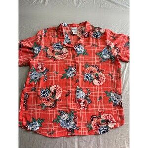 Bon Worth Women’s Orange Floral Button Up Hawaiian Style Blouse Top Size large
